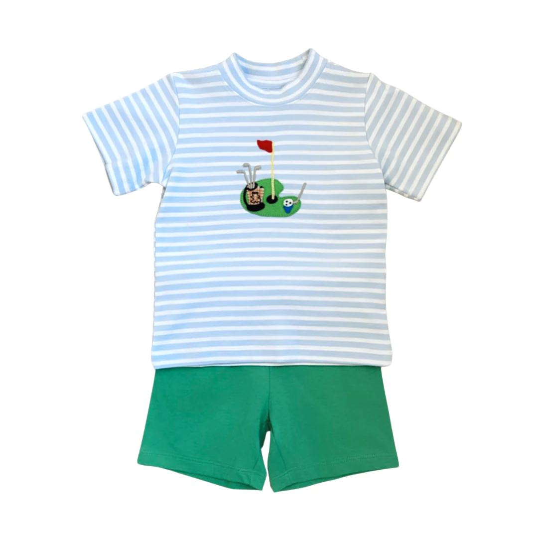pre-order BSSO0813 Golf blue striped short sleeve green shorts suit