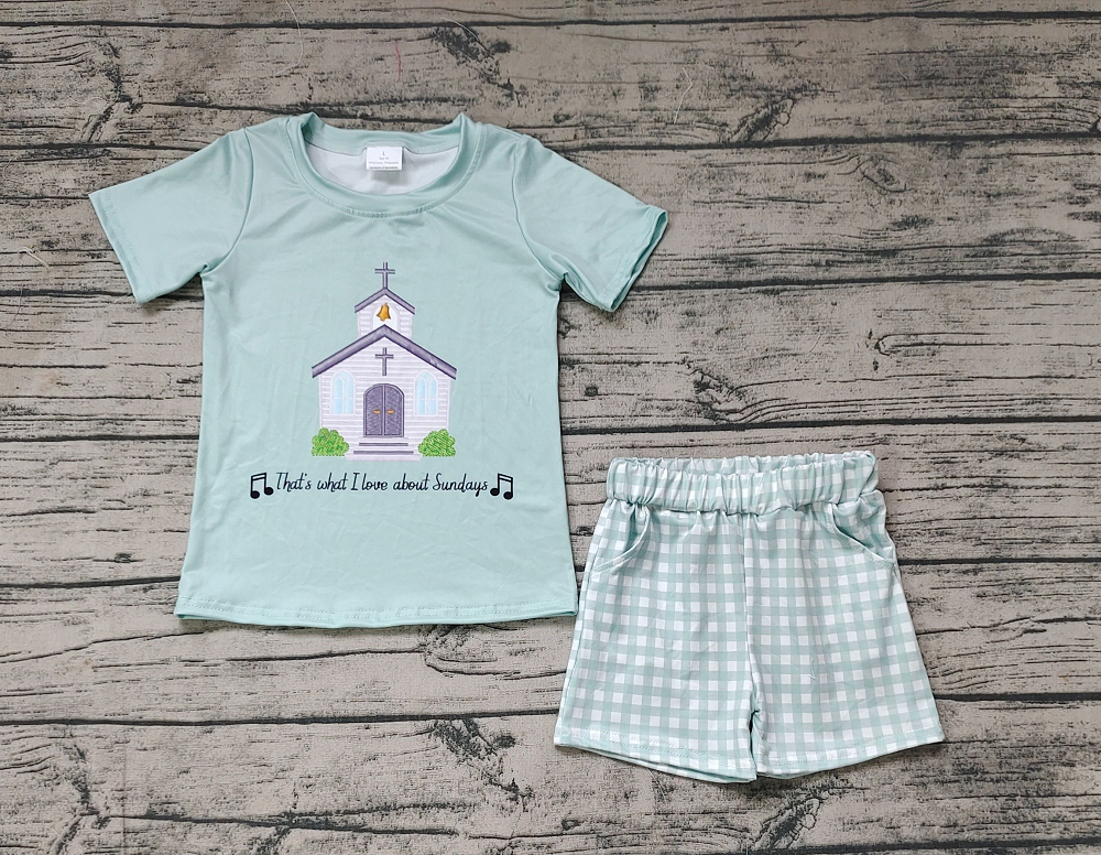 BSSO0858 Church Letters Teal Short Sleeve Plaid Shorts Suit