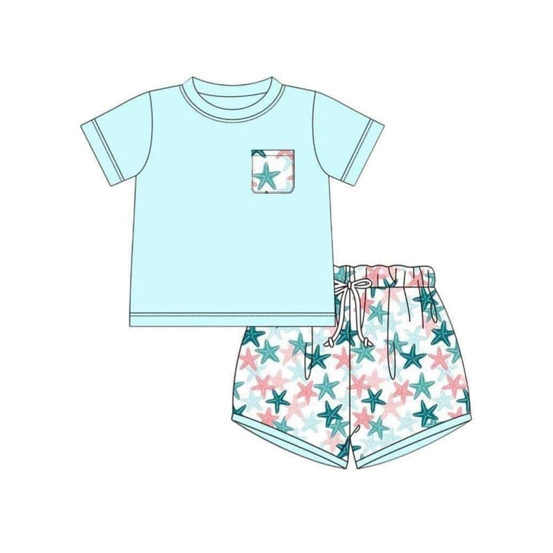 presale BSSO0872 Starfish Pocket Blue Short Sleeve Shorts Set