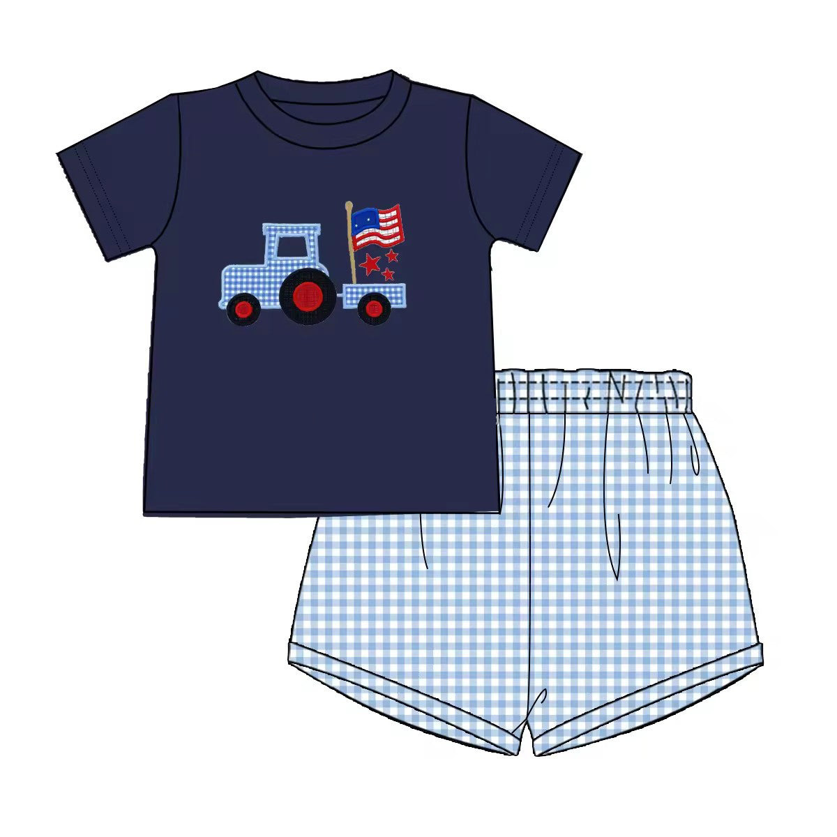 presale BSSO0911 Truck Flag Stars Navy Blue Short Sleeve Plaid Shorts Suit