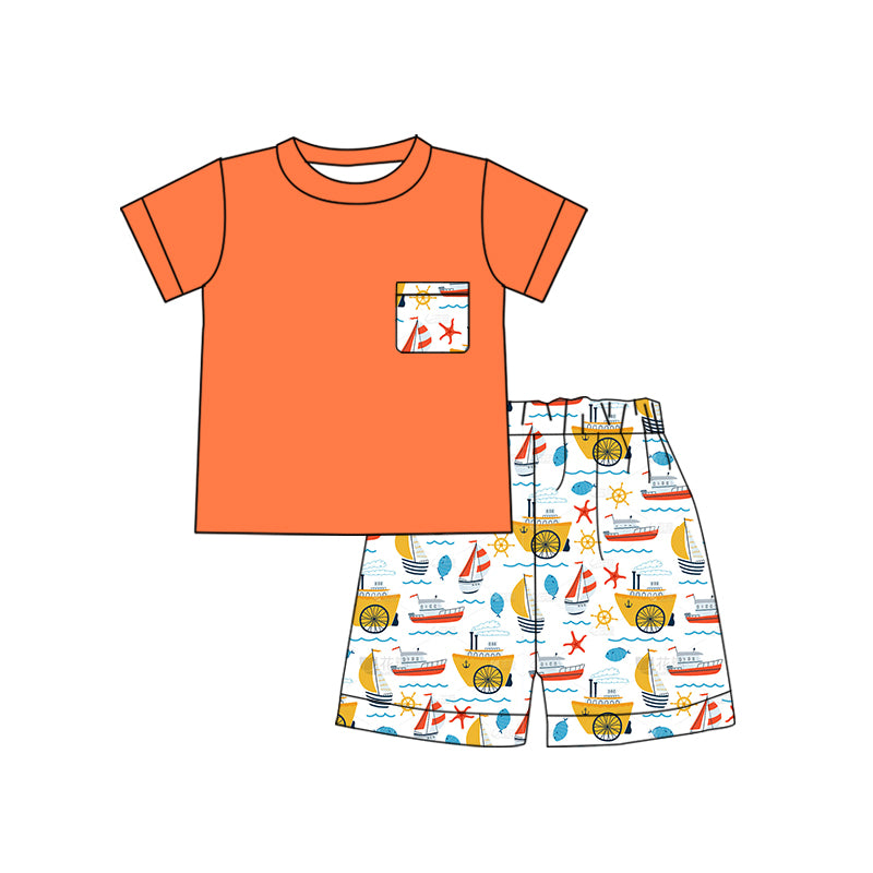 presale BSSO0915 Sailing Fish Yacht Pocket Orange Short Sleeve Shorts Set