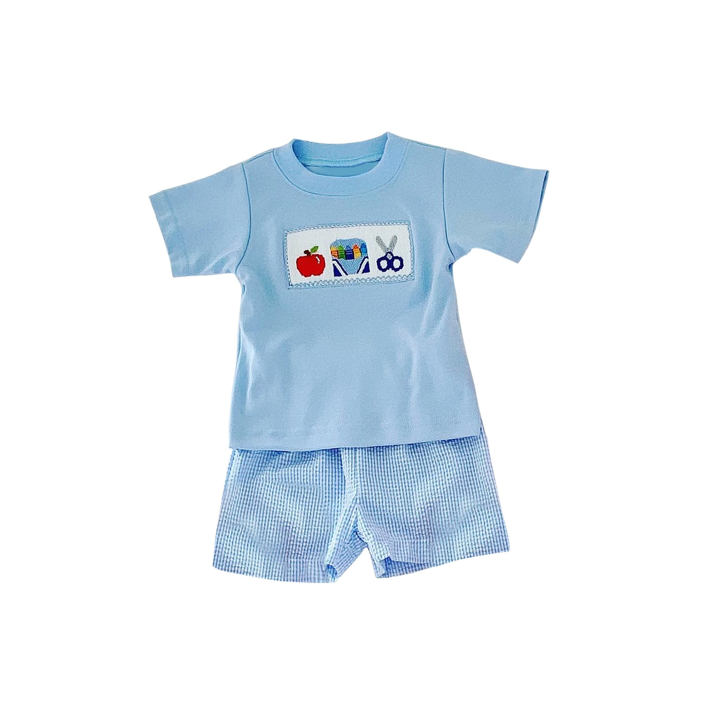 presale BSSO0934 Apple Crayon Scissors Blue Short Sleeve Plaid Shorts Set