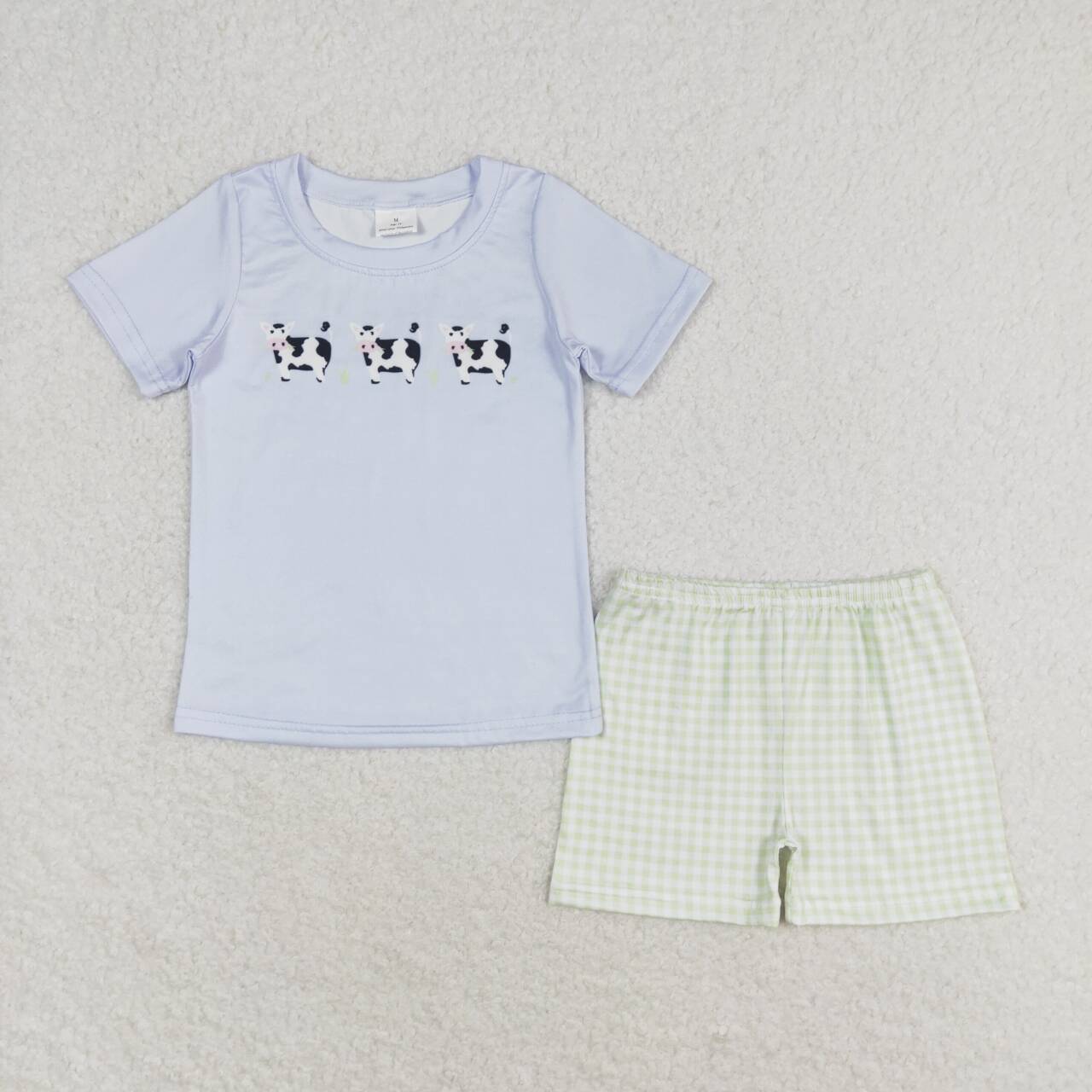 BSSO0935 Cow blue short sleeve plaid shorts suit