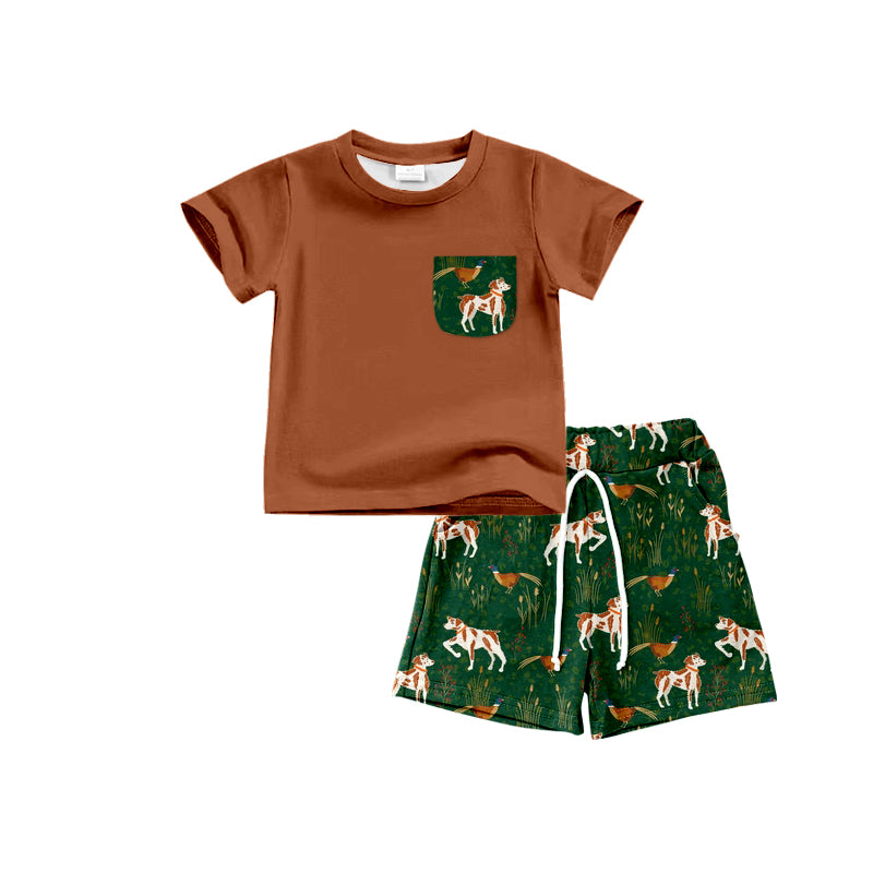 presale BSSO0937 Puppy Bird Pocket Brown Short Sleeve Shorts Set