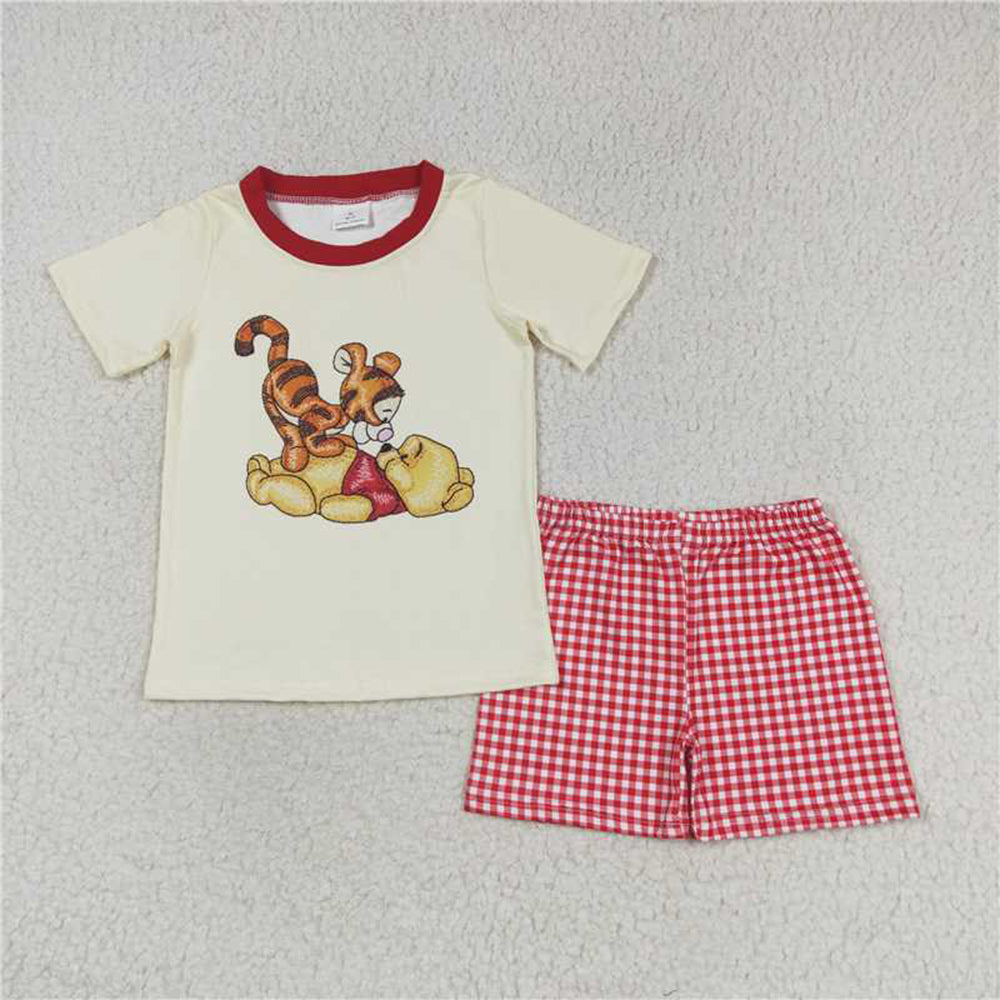 Match Baby Boys Girls Bear Tiger Short Red Checkered Shorts Clothes Sets Romper D 3.13
