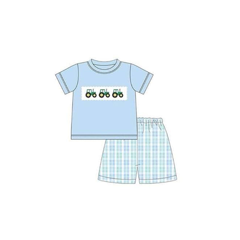 presale BSSO0946 Farm tractor blue short-sleeved plaid shorts suit