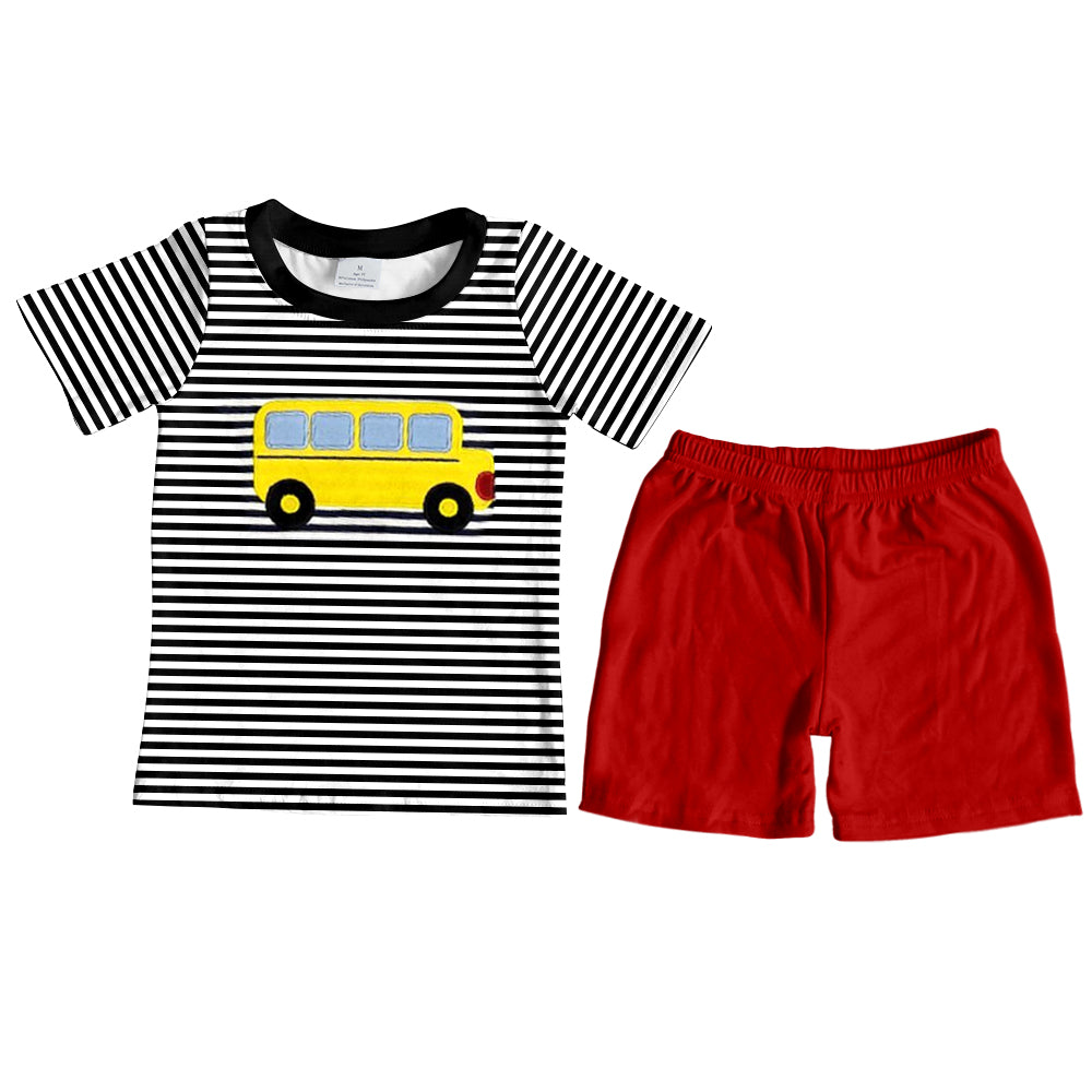 presale BSSO0957 School bus black striped short sleeve red shorts suit