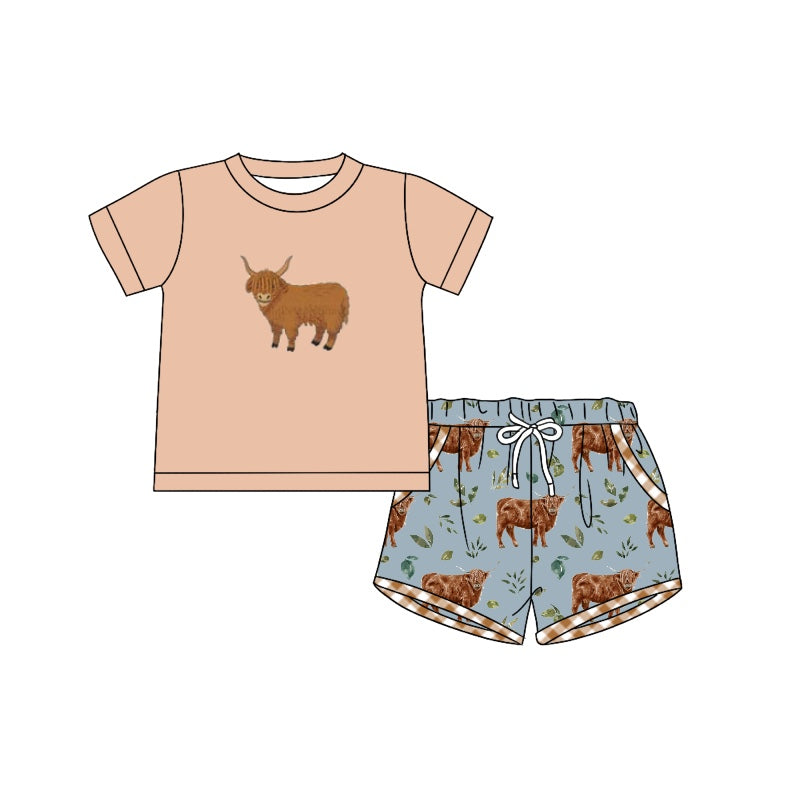 presale BSSO0965 Alpine Cow Head Light Brown Short Sleeve Blue Shorts Suit