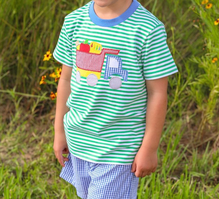 BSSO0978 Pencil Apple Truck Green Striped Short Sleeve Plaid Shorts Set