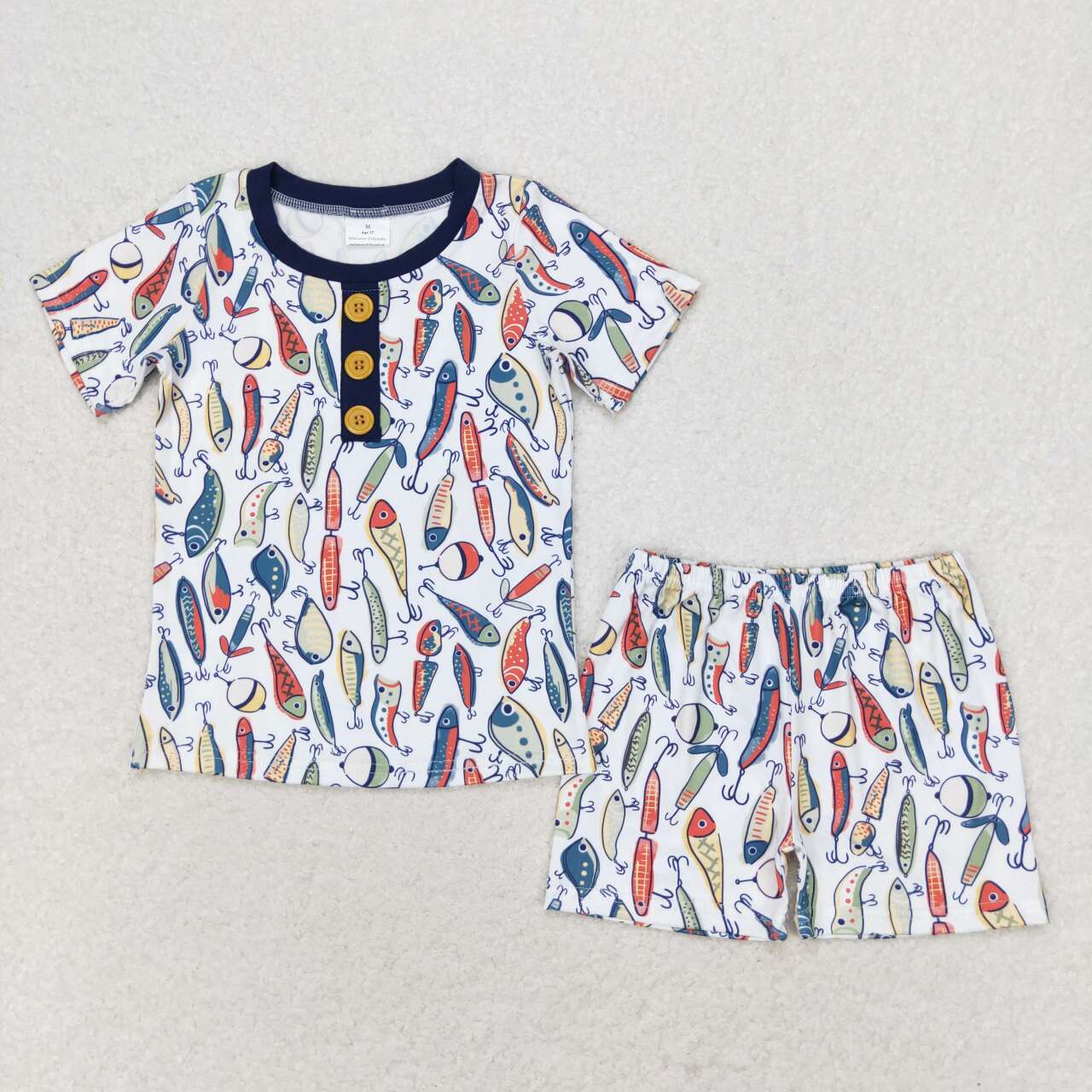 BSSO0987 Fishing navy blue hem short-sleeved shorts pajama set