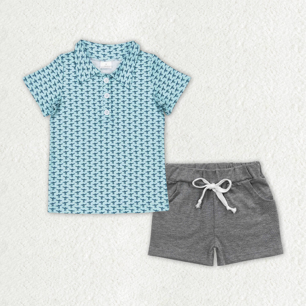 BSSO0998 Teal Button Short Sleeve Light Grey Pocket Shorts Set