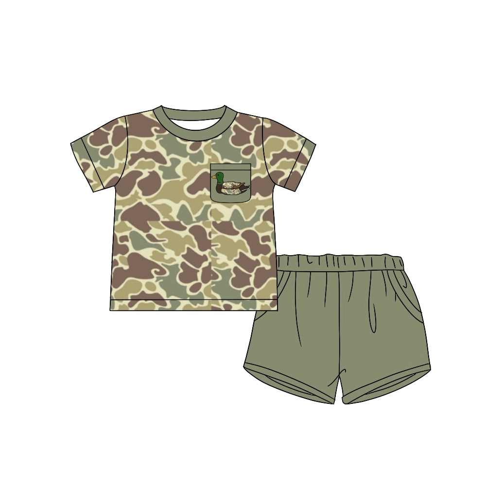 Presale BSSO1012 Baby Boys Light Green Camo Duck Pocket Shirts Shorts Clothes Sets 2024 10.24