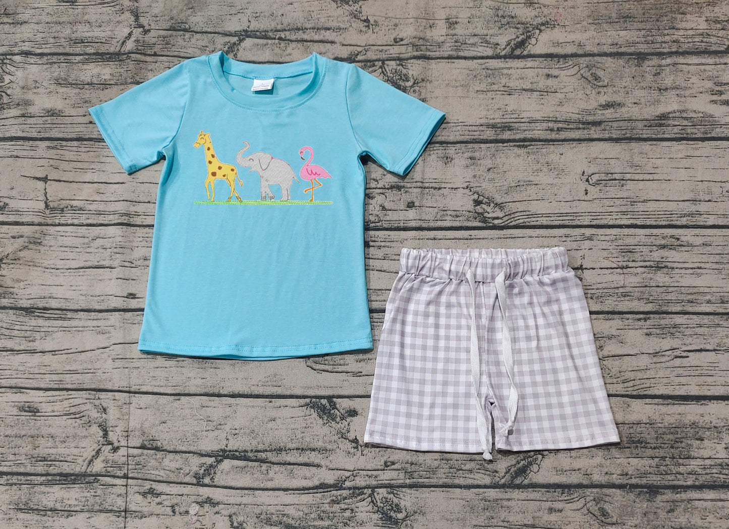BSSO1019 Giraffe Elephant Bird Animal Blue Short Sleeve Gray Plaid Shorts Suit