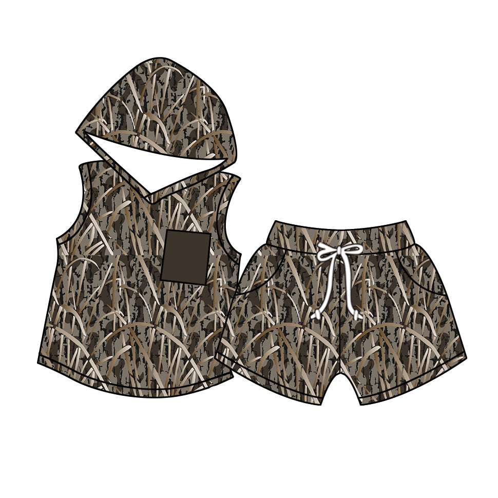 Presale BSSO1030 Pocket camouflage straw brown sleeveless hooded shorts set 2024 10.29