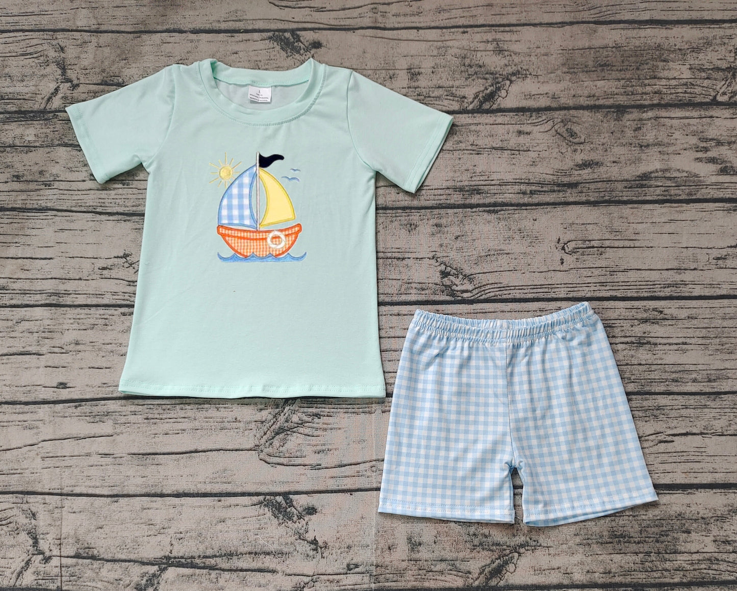BSSO1048 Solar Sail Teal Short Sleeve Blue Plaid Shorts Set