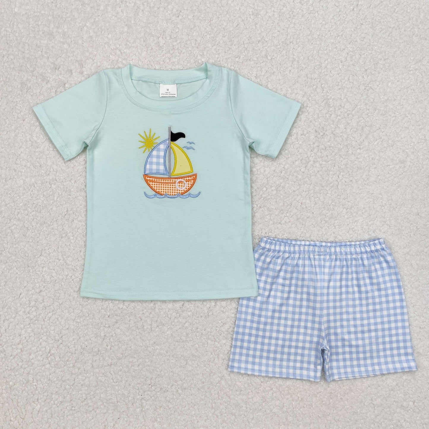 BSSO1048 Solar Sail Teal Short Sleeve Blue Plaid Shorts Set