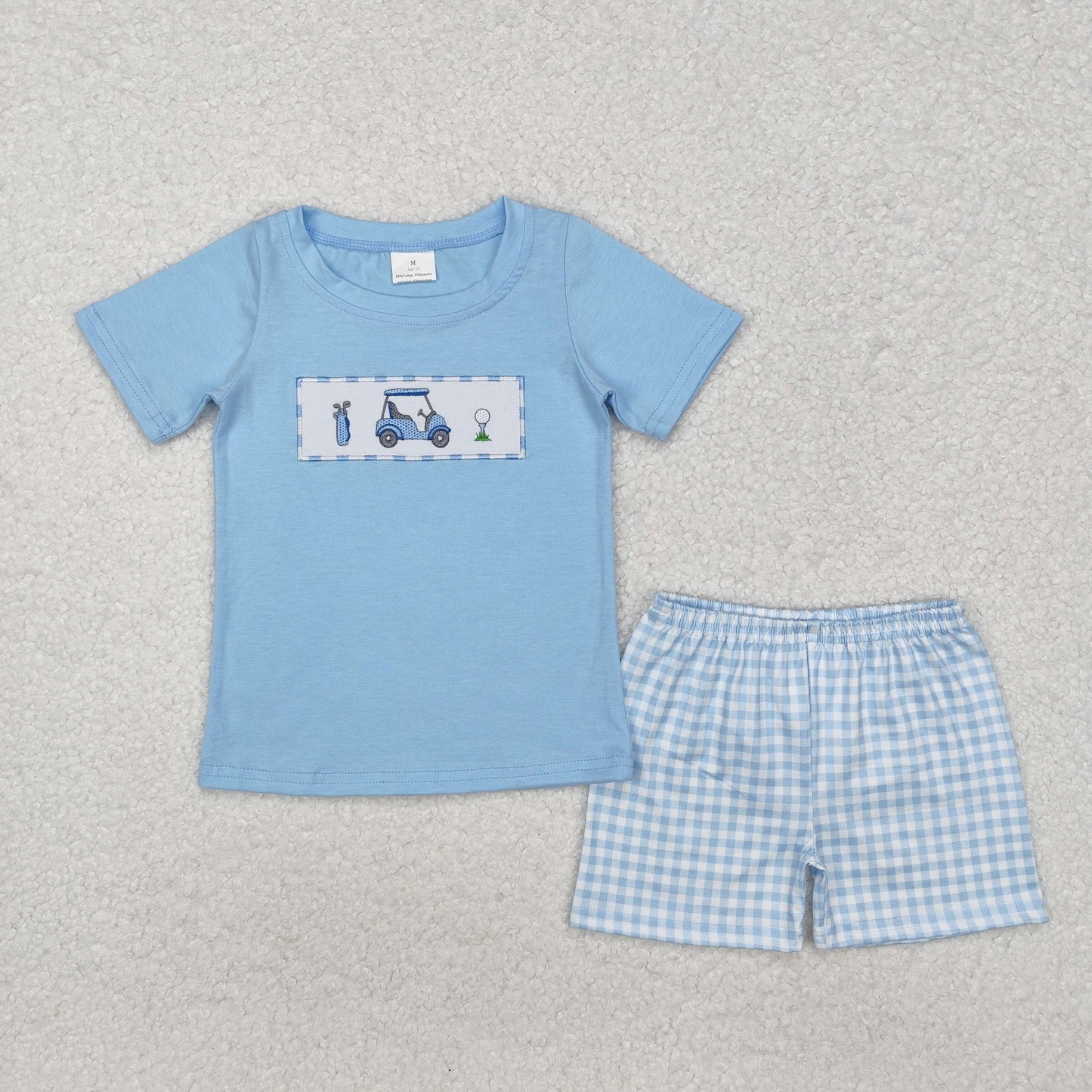 BSSO1052 Golf Sightseeing Cart Blue Short Sleeve Plaid Shorts Set
