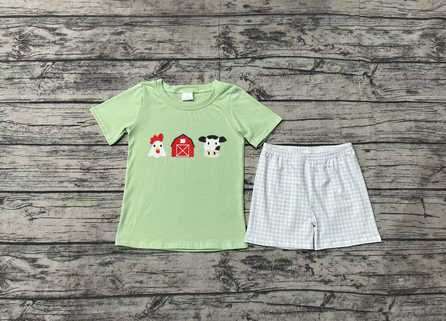 BSSO1067 Chicken Farm Red House Cow Green Short Sleeve Plaid Shorts Set