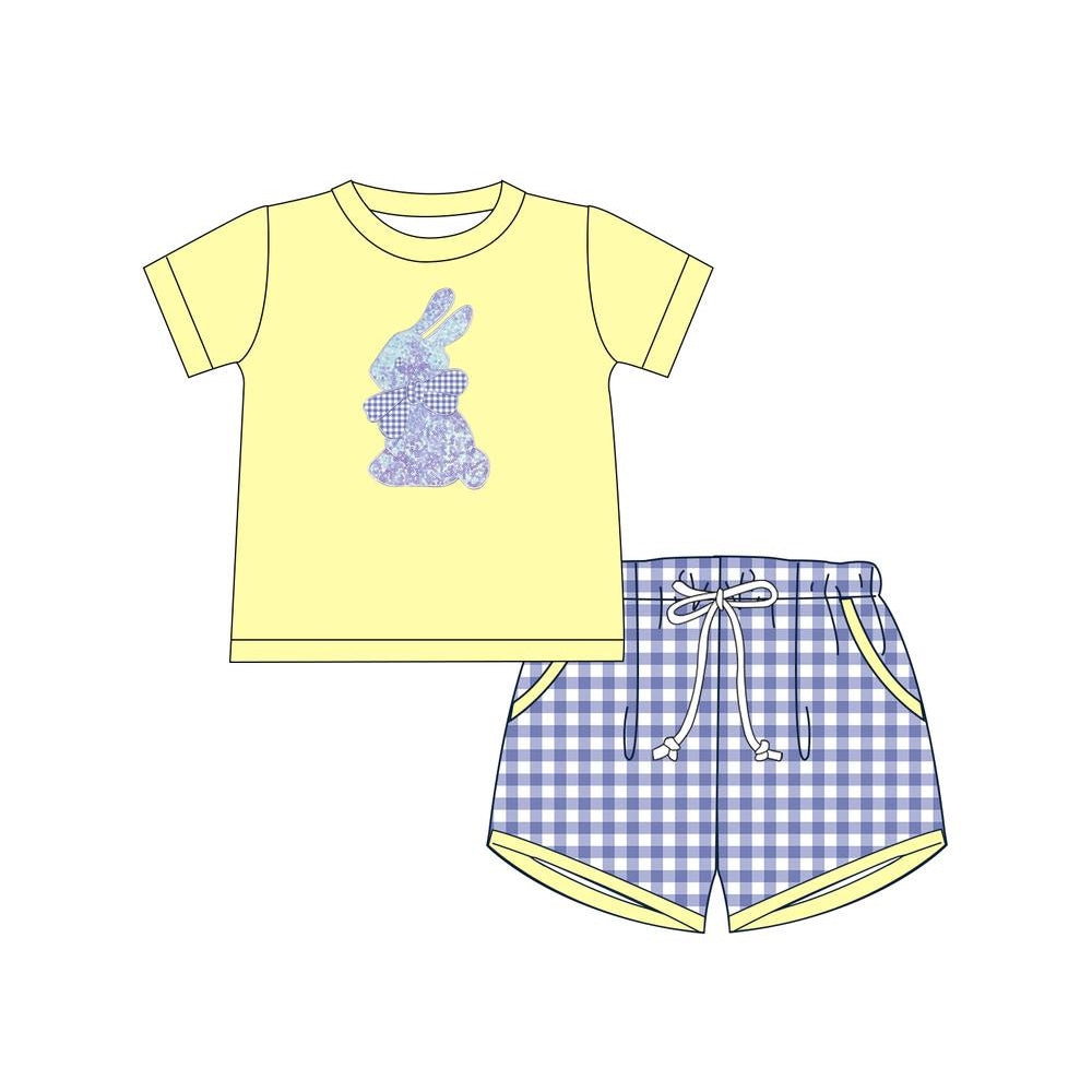 presale BSSO1069 Easter Bunny Yellow Short Sleeve Blue Plaid Shorts Suit 2024 11.6