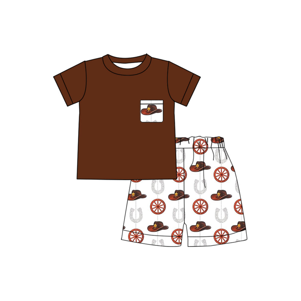presale BSSO1093 Cowboy hat pocket brown red short sleeve white shorts suit 2024 .11.9
