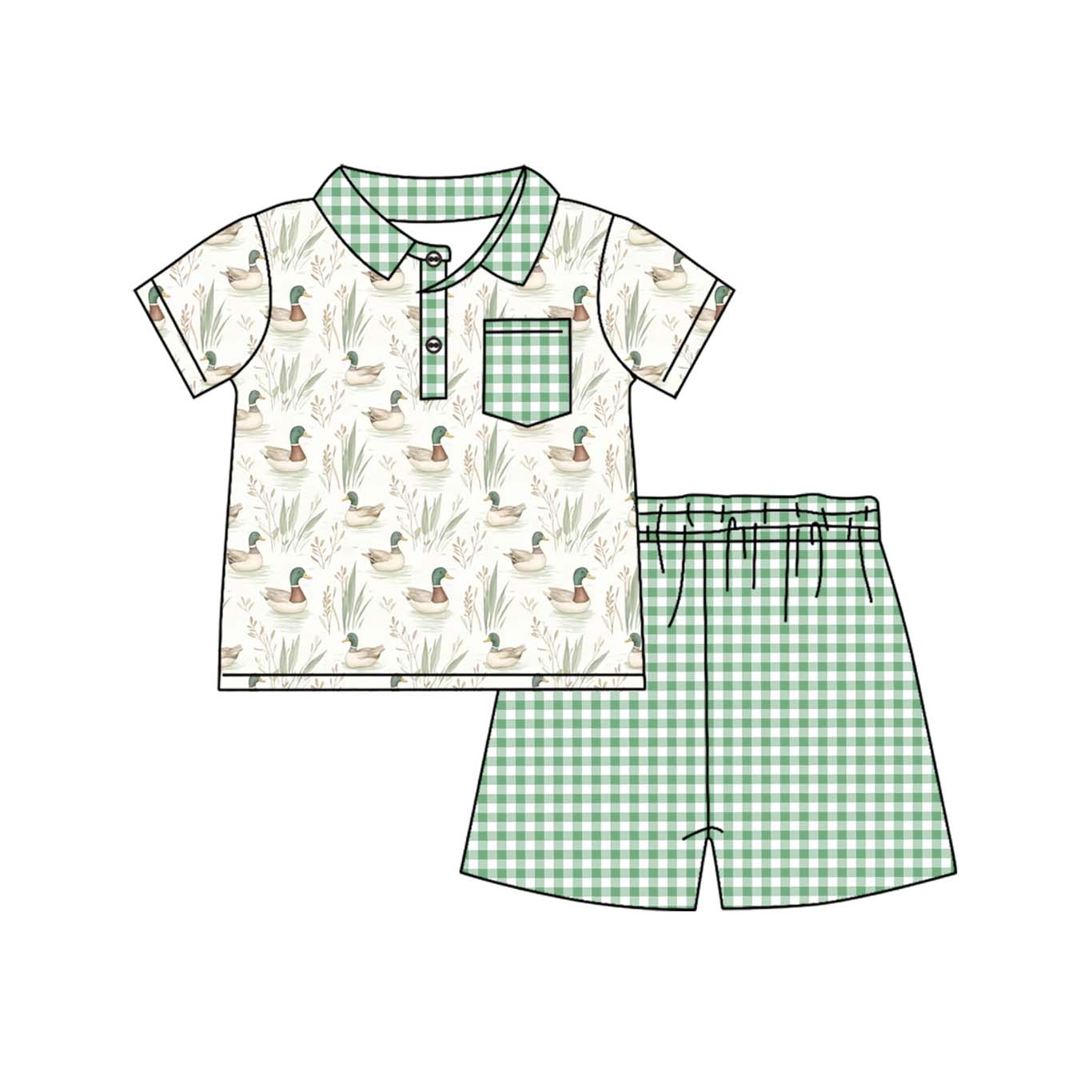 Presale BSSO1105 Green Plaid Pocket Duck Short Sleeve Shorts Set 2024 11.14