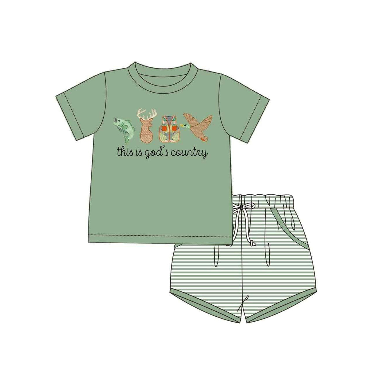 BSSO1108 Fish Deer Vest Duck Green Short Sleeve Striped Shorts Set
