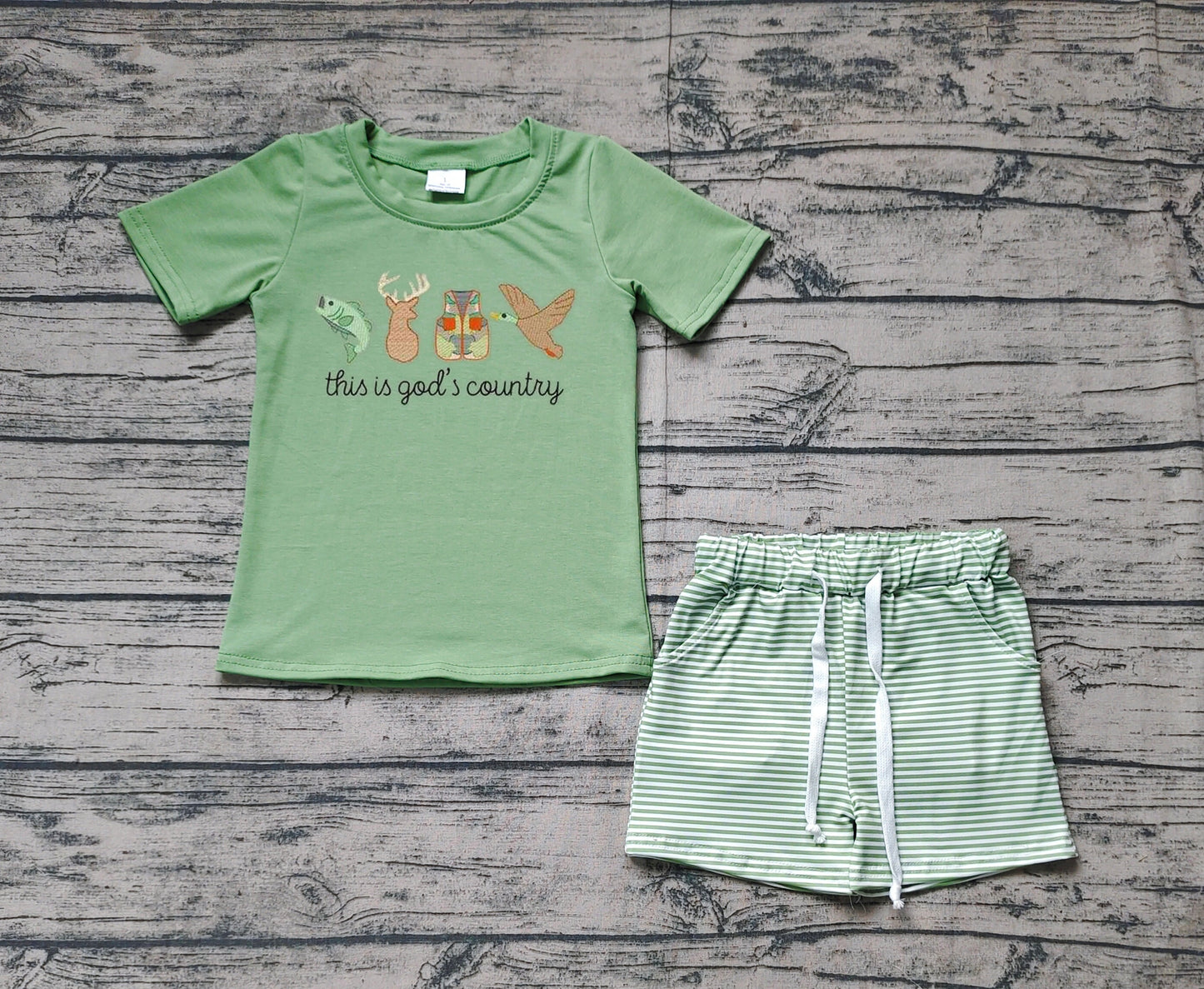 BSSO1108 Fish Deer Vest Duck Green Short Sleeve Striped Shorts Set