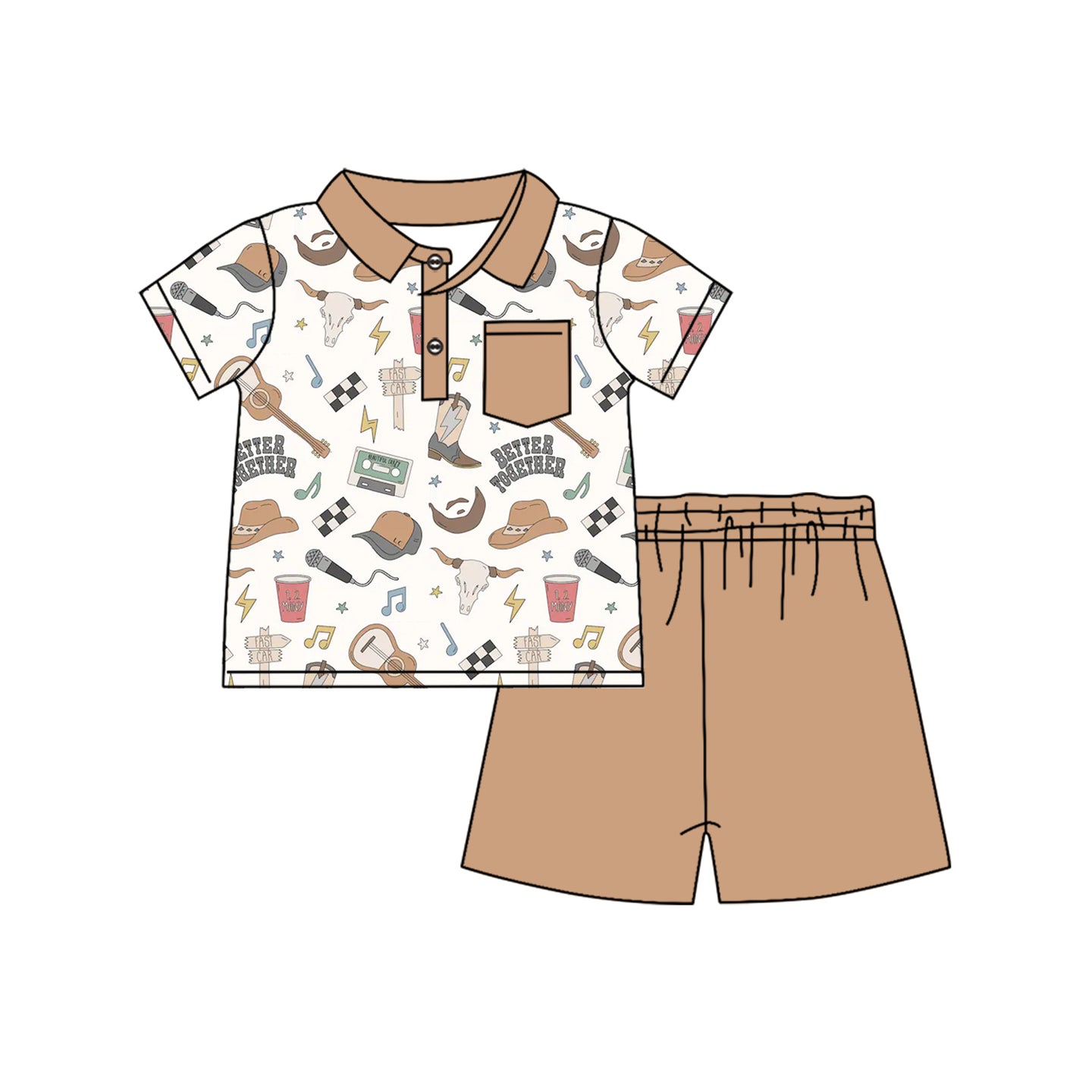 presale BSSO1112 Alpine Bullhead Guitar Boots Brown Pocket Short Sleeve Shorts Set 2024 .11.15