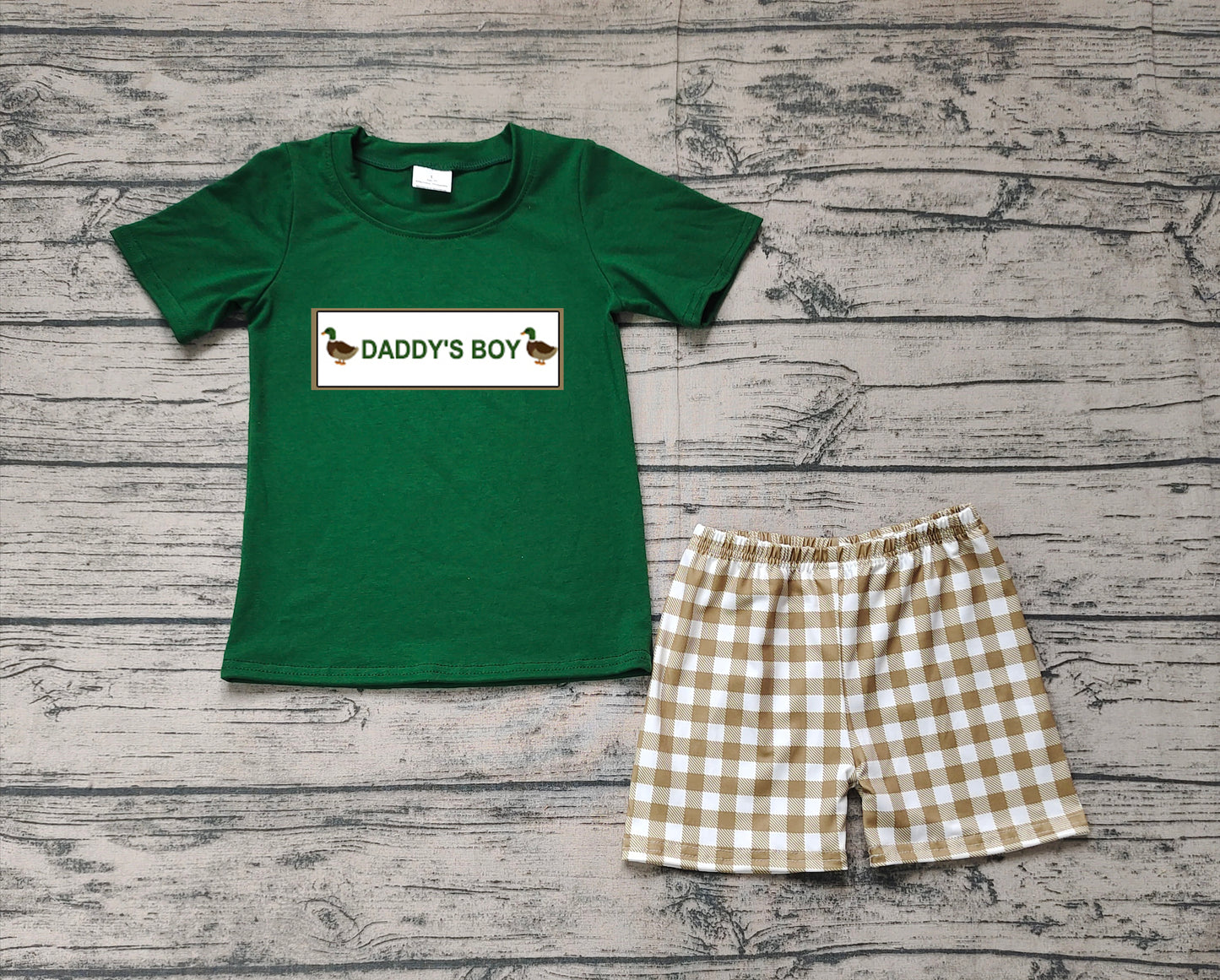 BSSO1132 Duck Green Short Sleeve Plaid Shorts Set
