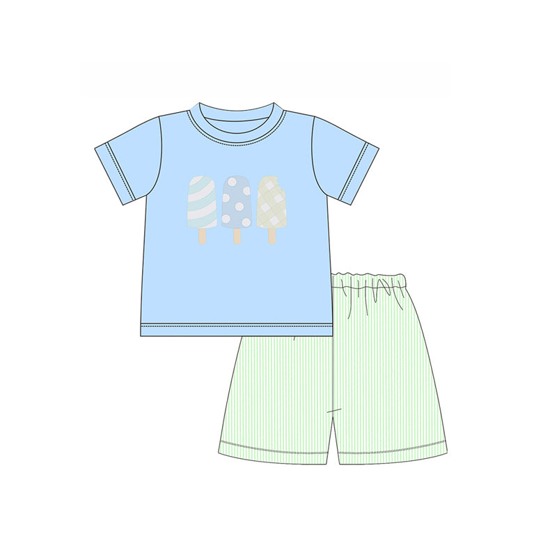 presale BSSO1143 Ice cream blue short-sleeved green striped shorts suit 2024 11.23