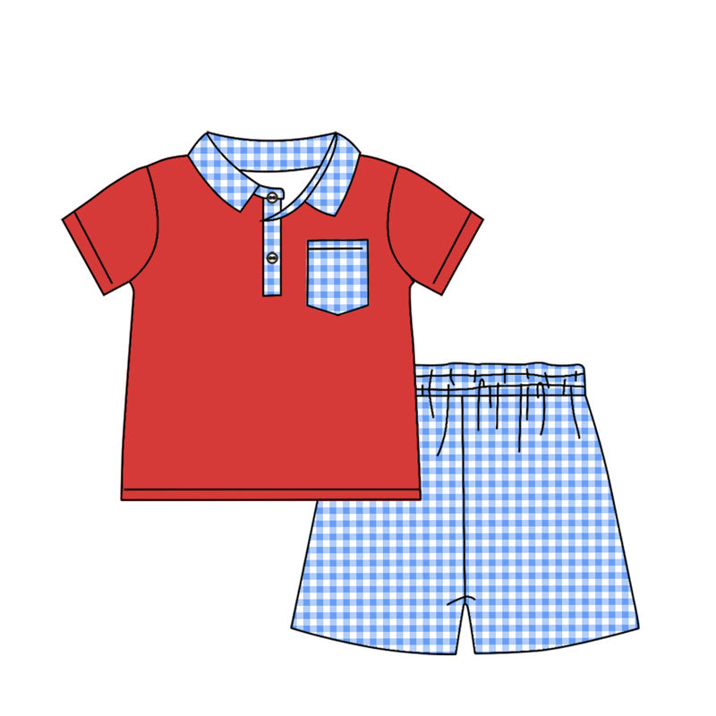 BSSO1152 National Day Blue Plaid Pocket Red Short Sleeve Shorts Set D 3.15