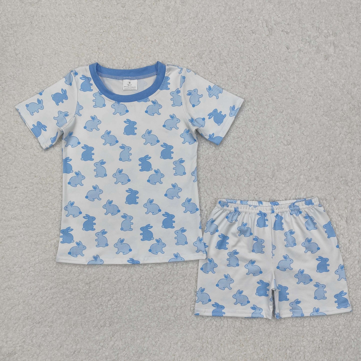BSSO1163 Easter Plaid Polka Dot Bunny Blue and White Short Sleeve Shorts Pajama Set