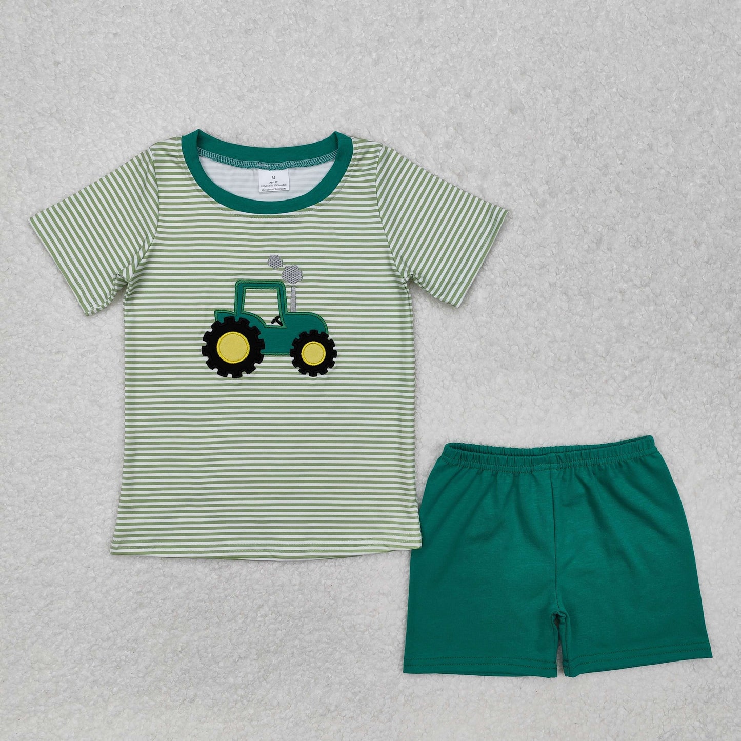 BSSO1184 Farm Tractor Green Striped Short Sleeve Shorts Outfit
