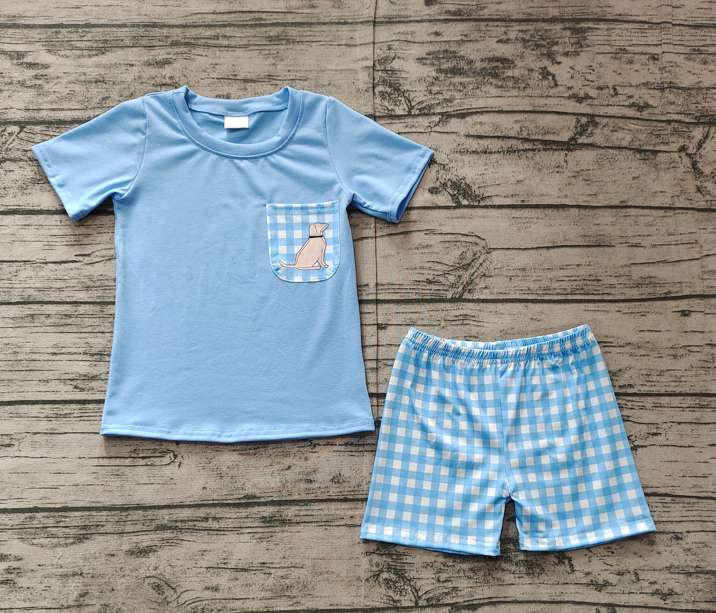 BSSO1190 Puppy Check Pocket Blue Short Sleeve Shorts Set