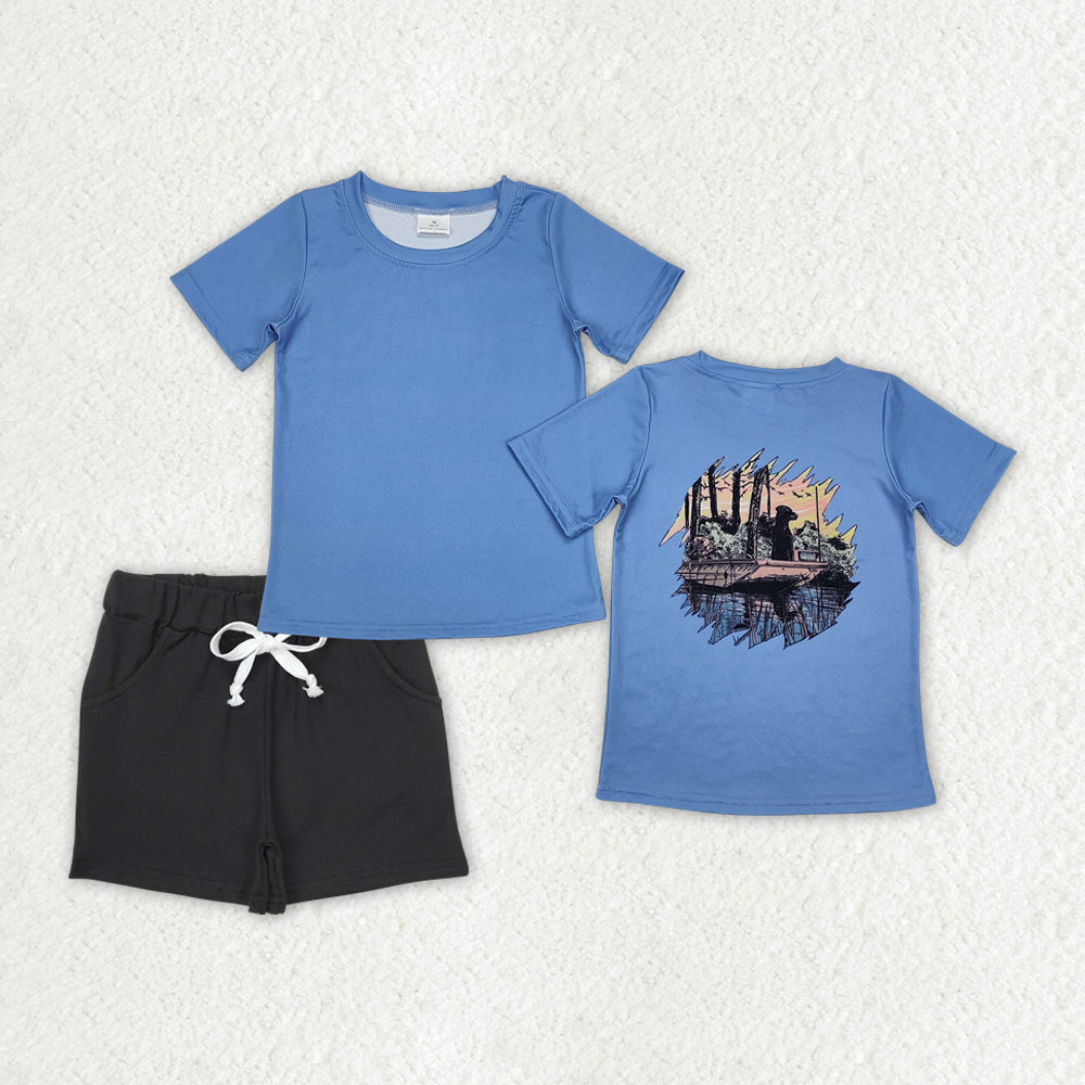 BSSO1201 Baby Boys Blue Dog Hunting Shirts Pocket Shorts Clothes Sets