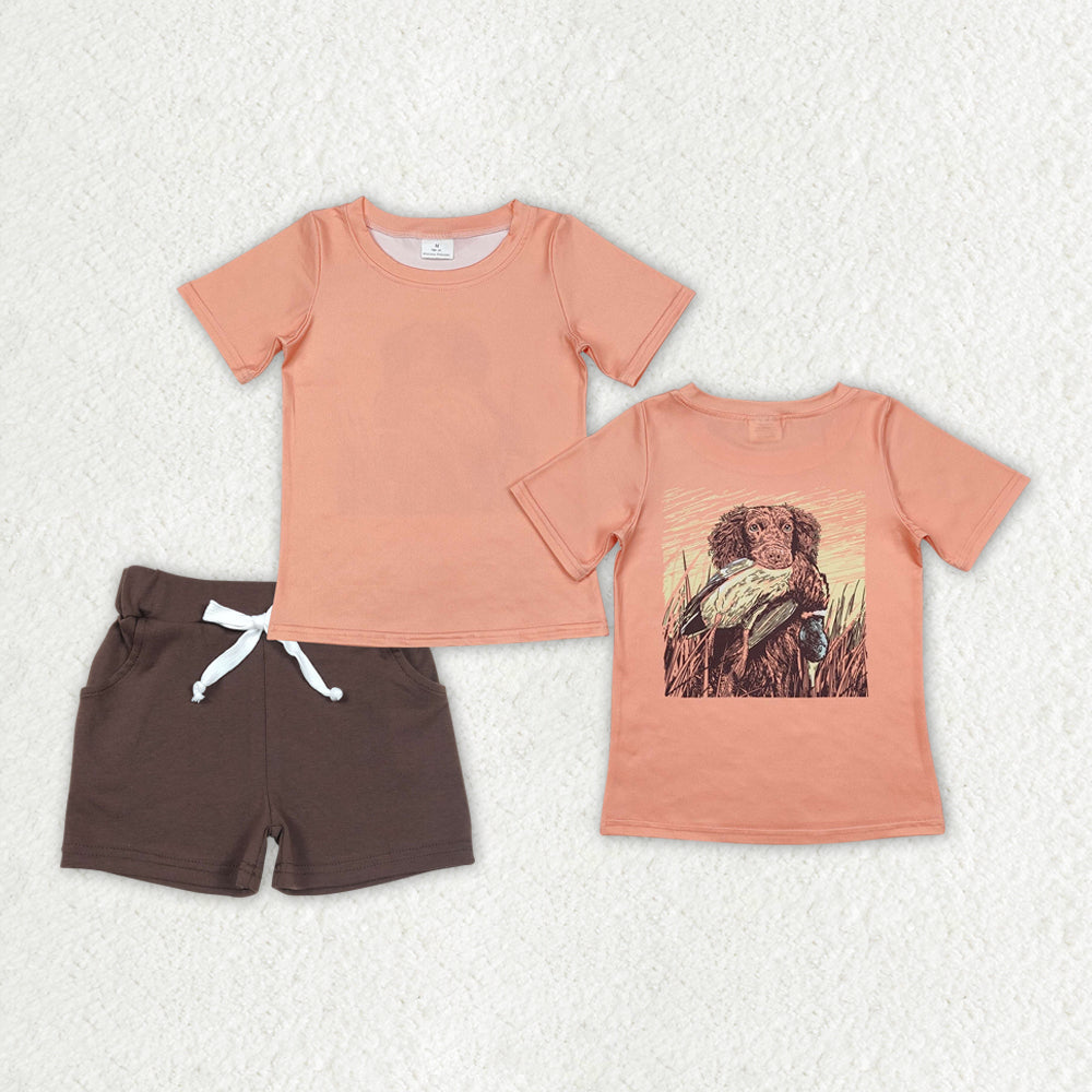 BSSO1202 Baby Boys Orange Dog Duck Hunting Shirts Pocket Shorts Clothes Sets