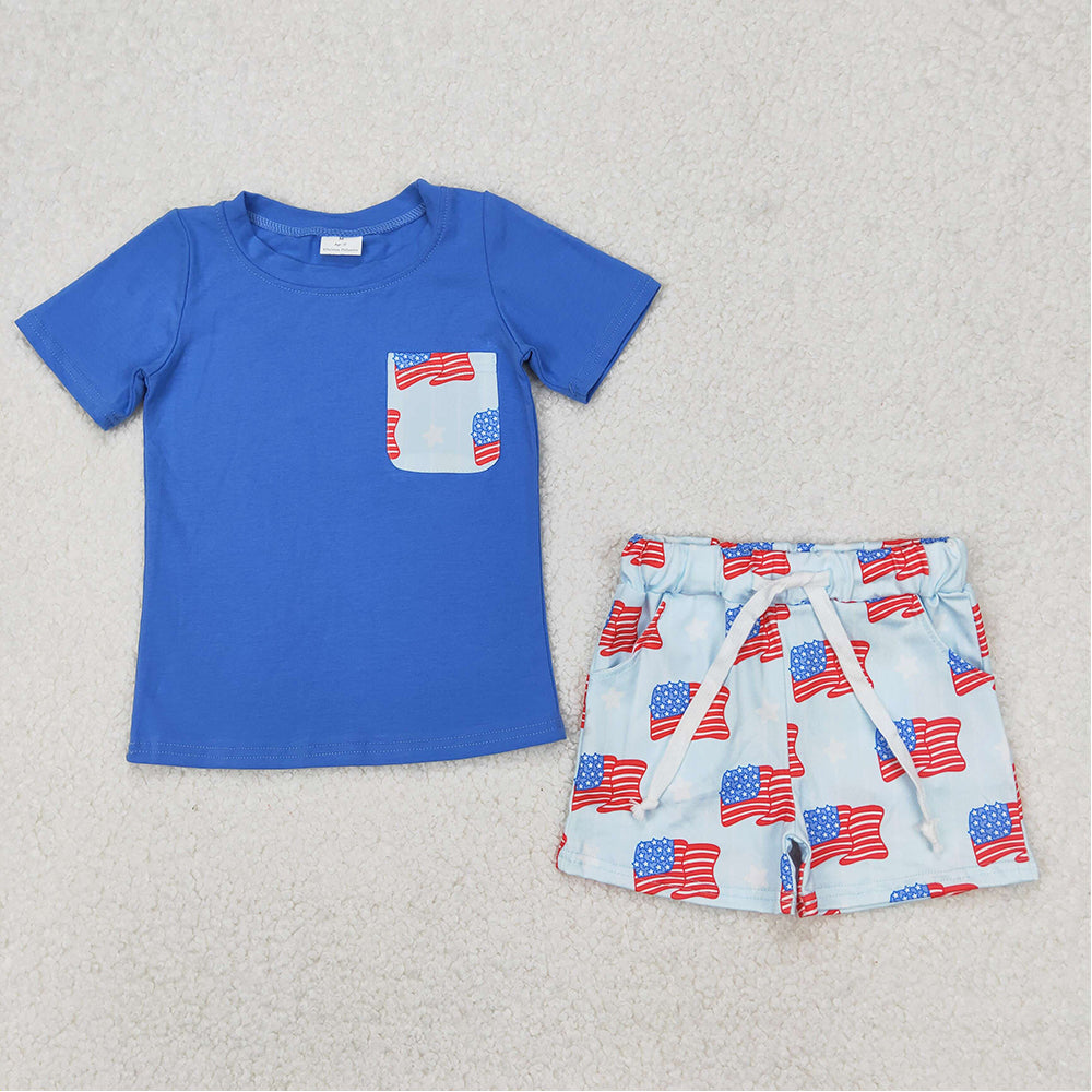 BSSO1258 Baby Boys 4th of July Flag Pocket Shirts Shorts Clothes Sets