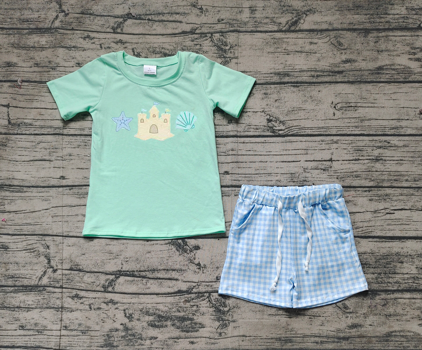 BSSO1266 Starfish Castle Shell Blue Short Sleeve Plaid Shorts Set D 3.15