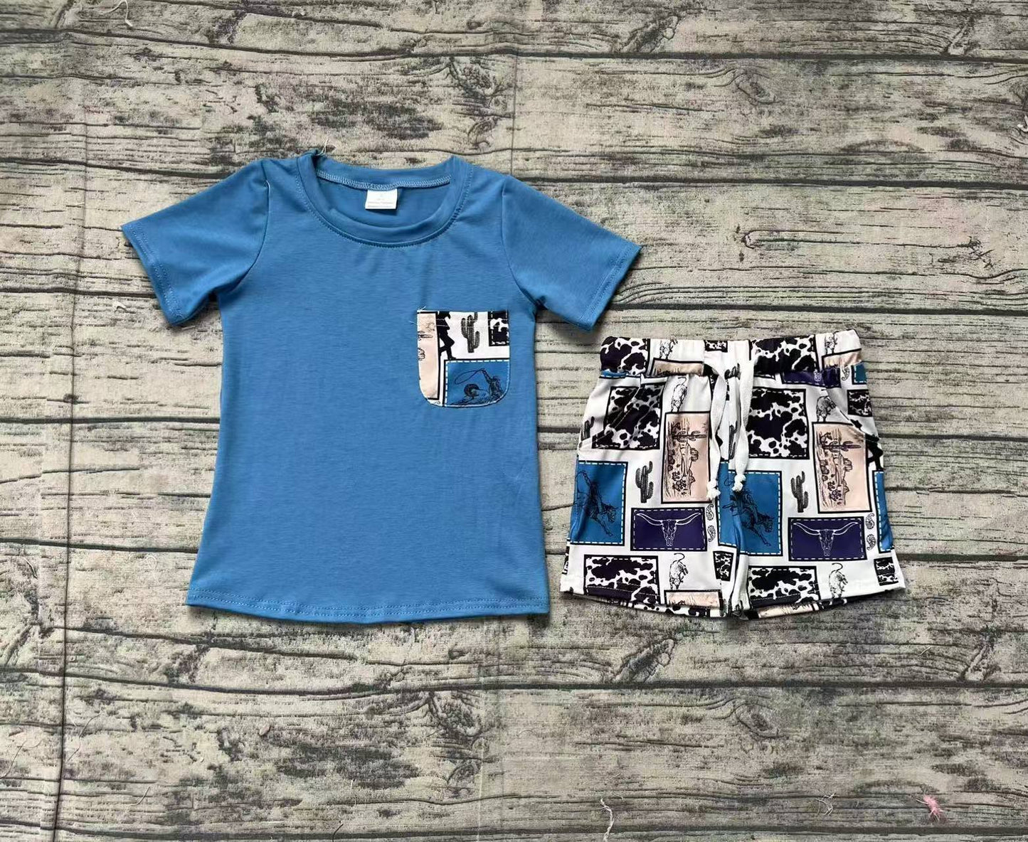 BSSO1286 Baby Boys Western Blue Pocket Top Rodeo Shorts Clothes Sets D 3.10