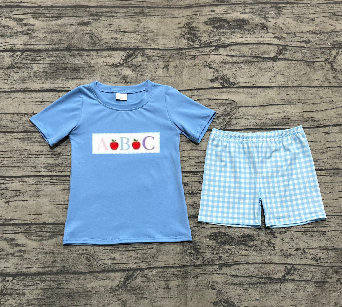 BSSO1331 Baby Boys Blue Embroidery Apple ABC Top Plaid Shorts Back To School Clothes Sets D 5.7