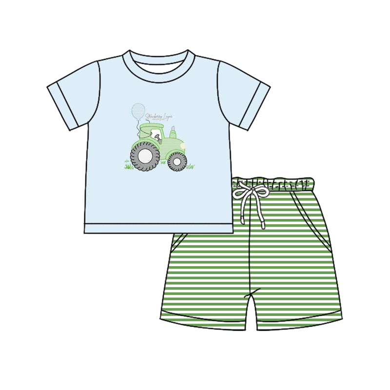 presale BSSO1330 Back to school ABC Apple Short Sleeve Blue Plaid Shorts Set D 2.13
