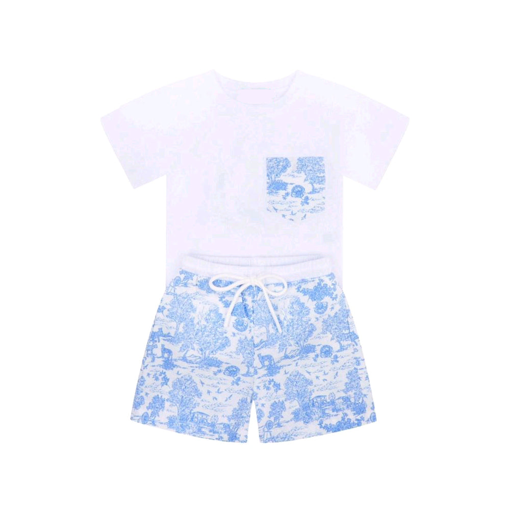 presale BSSO1333 Blue Tree Pattern Pocket White Short Sleeve Shorts Set D 2.13