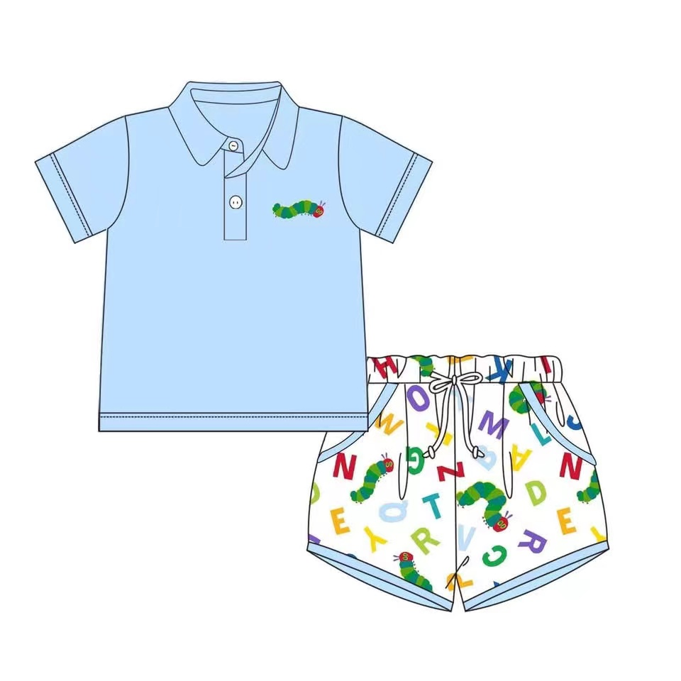 presale BSSO1396 Baby Boys Blue Worm Pullover Top Shorts Clothes Sets D 3.5