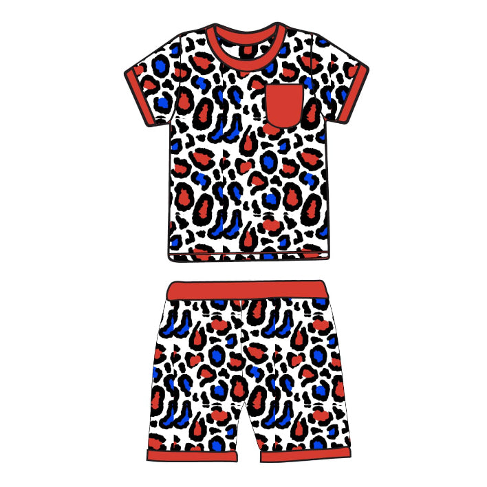 presale BSSO1402 Baby Boys Short Sleeves Colorful Leopard Shirt Shorts Pajamas Clothes Sets D 3.6