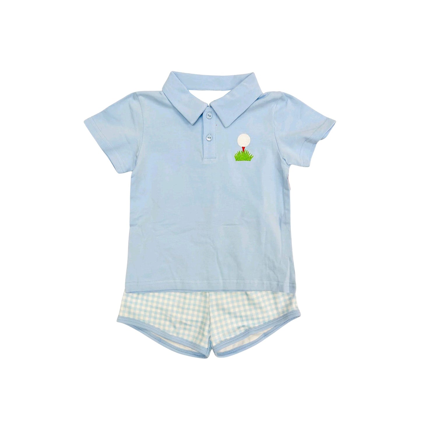 presale BSSO1409 Baby Boys Light Blue Short Sleeves Button Golf Shirt Plaid Shorts Sets D 3.6