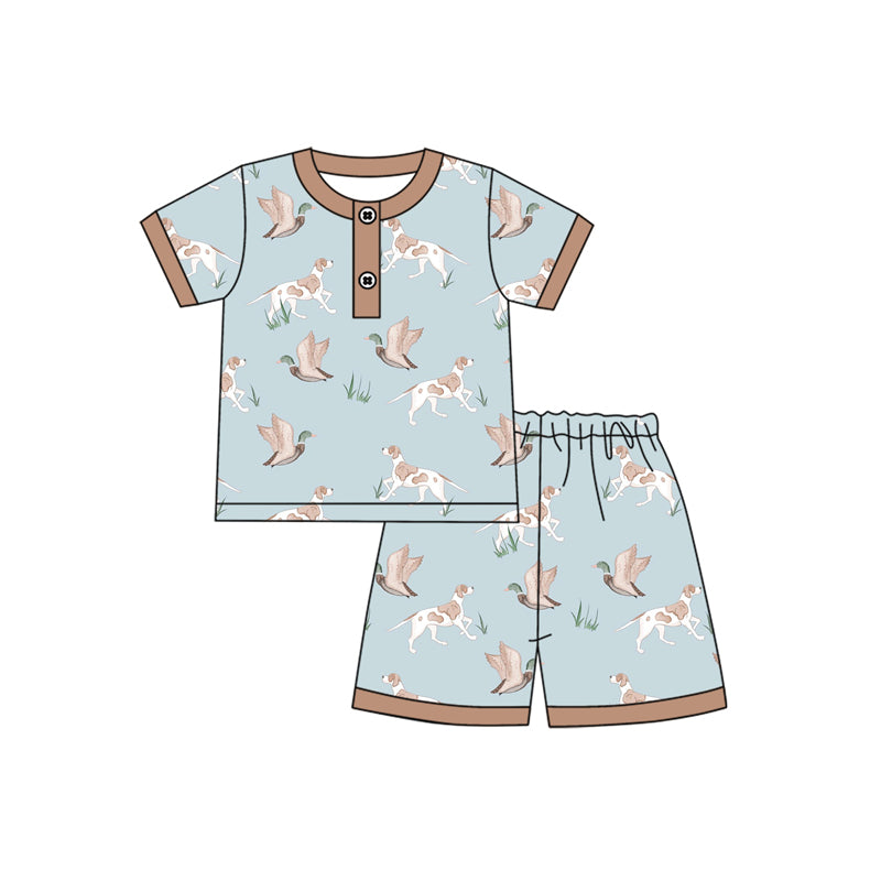 preorder BSSO1421 Baby Boys Blue Short Sleeves Ducks Dogs Button Top Short Pajamas Set D 3.12