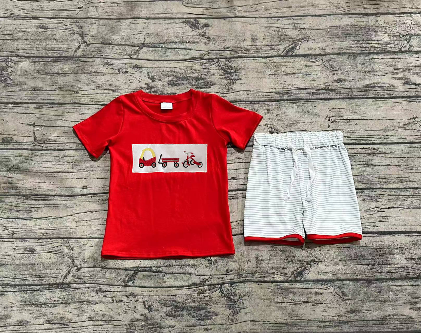 BSSO1432 Baby Boys Red Short Sleeves Trucks Top Blue Stripe Short Set D 814 18