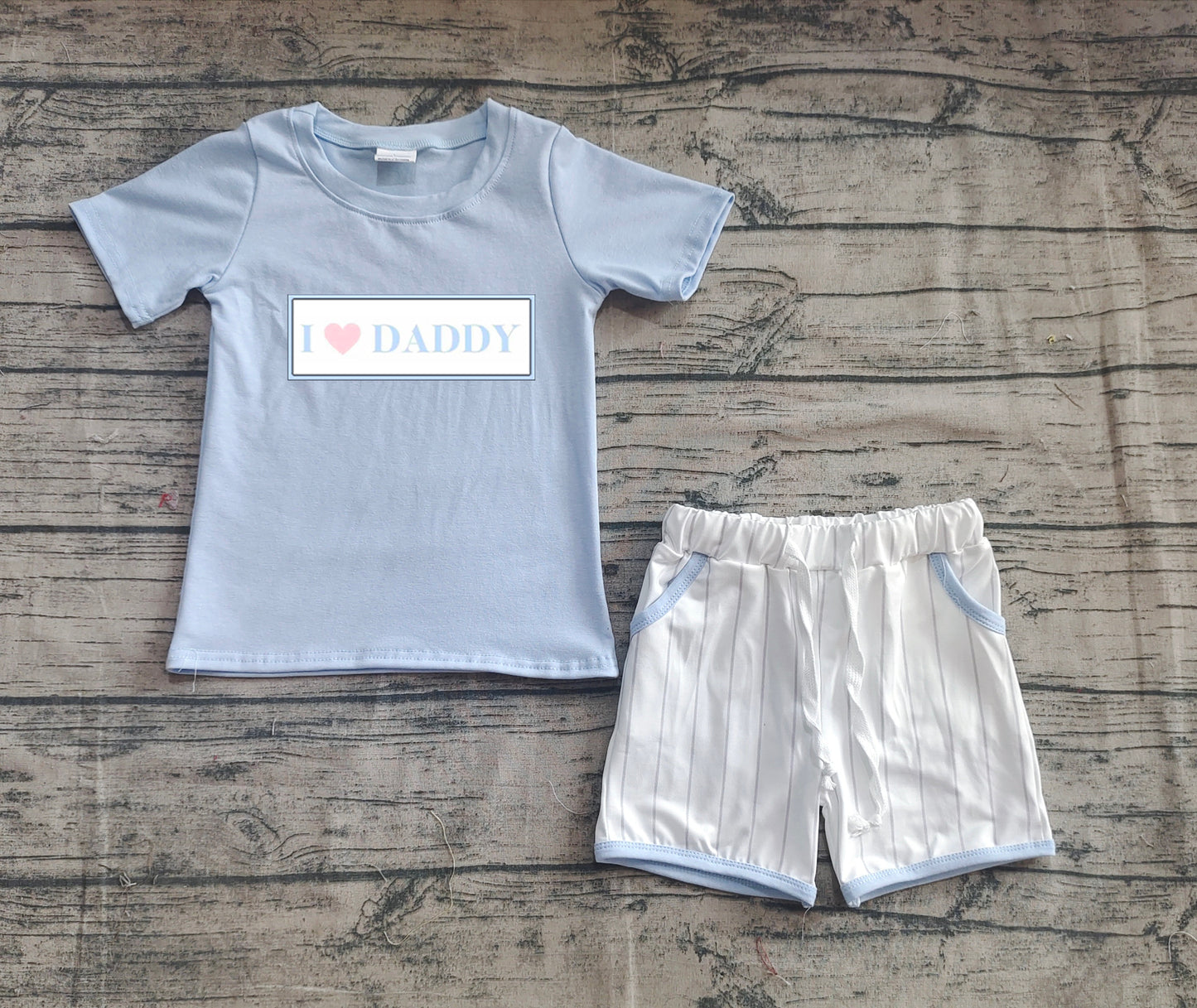 BSSO1434 Baby Boys Blue Short Sleeves I LOVE DADDY Top Stripe Pockets Short Set D 4.9