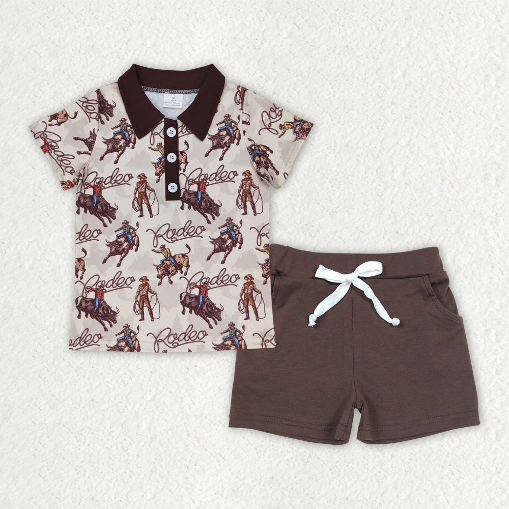 BSSO1467 Baby Boys Western Rodeo Pullovers Shirt Brown Shorts Outfits Sets D 3.26