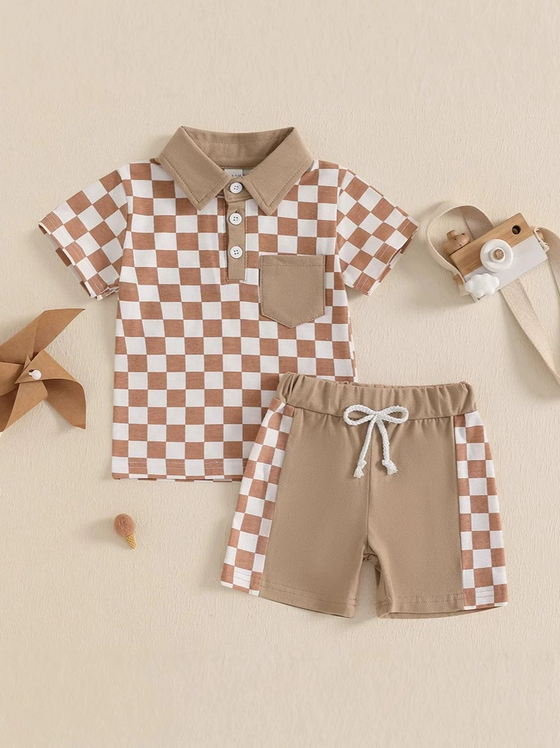 presale BSSO1471 Baby Boys Khaki Plaid Button Pocket Top Short Set D 3.28